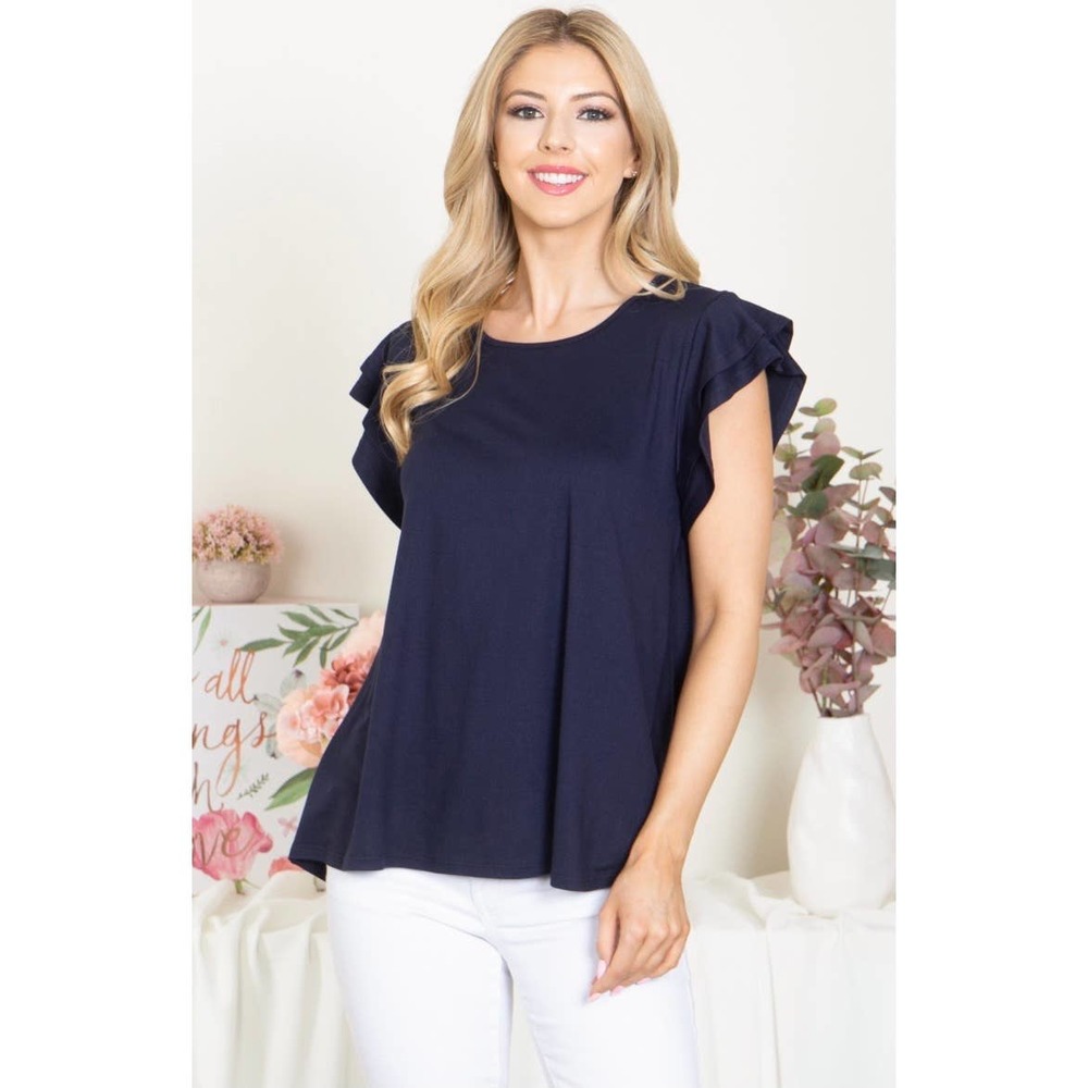 NEW Navy Layered Ruffle Short Sleeve Top - Picture 3 of 5